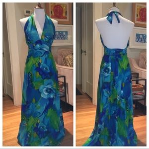 Vintage 70s Deep V Backless Halter Maxi Dress